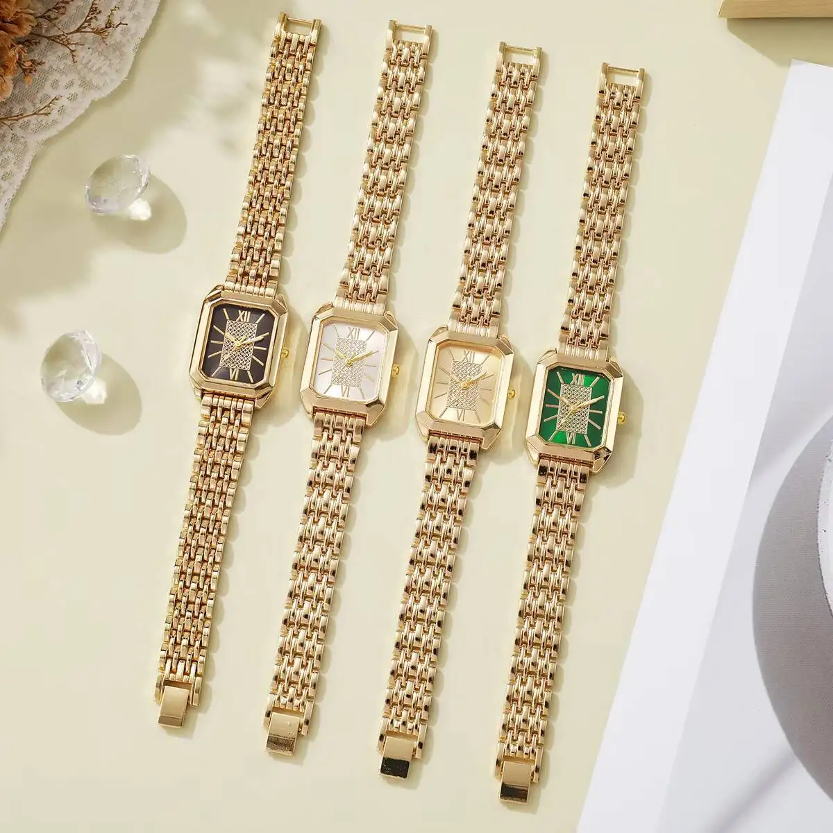 ساعات نسائية مستطيلة على الموضة ساعات يد كوارتز بحزام من الفولاذ المقاوم للصدأ للسيدات Reloj Mujer (بدون صندوق)