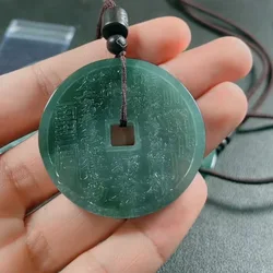 Natural Jade Blue Water Mountain Ghost Spending Money Jade Pendant Bagua Safe Jade Pendant Men's and Women's Jewelry Handmade Gi