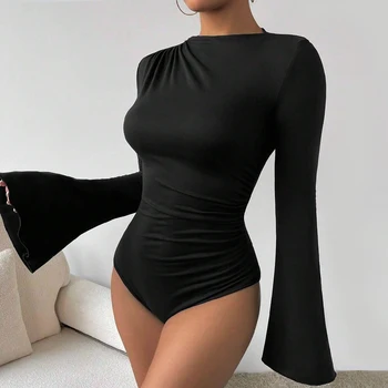 Mia Muse Kadın Tulumları Her Mevsim Günlük Düz Flare Kol Kayık Yaka Bodysuit Normal Günlük Tulumlar