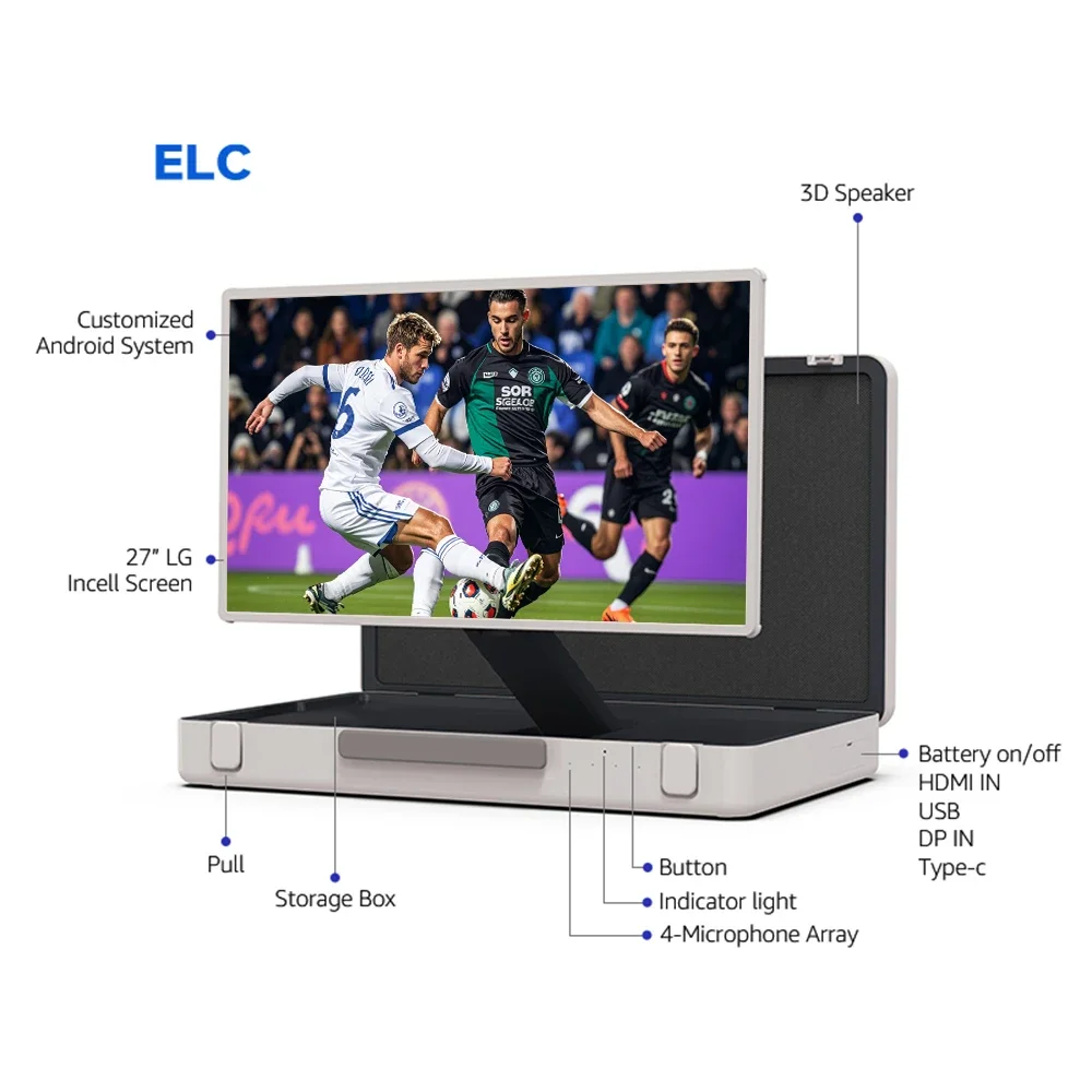 Vendita calda Elc Packgo 27 "Full Hd Valigetta Monitor Design Ips Touch Screen Valigia Smart Android Display TV per calcio tattico