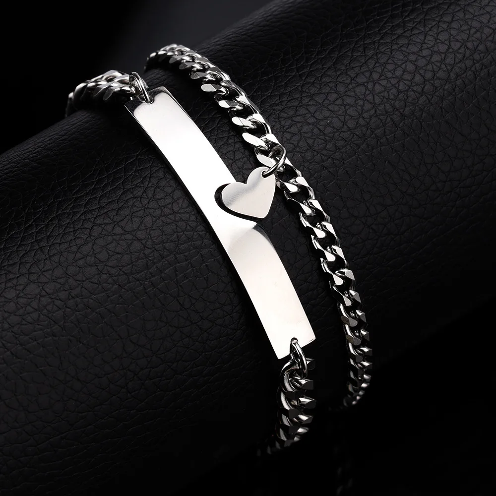 2Pcs/Set Geometric Heart-shaped Puzzle Bracelet for Couples Stainless Steel Cuba NK Chain Men's and Women's Charm Jewelry Gifts