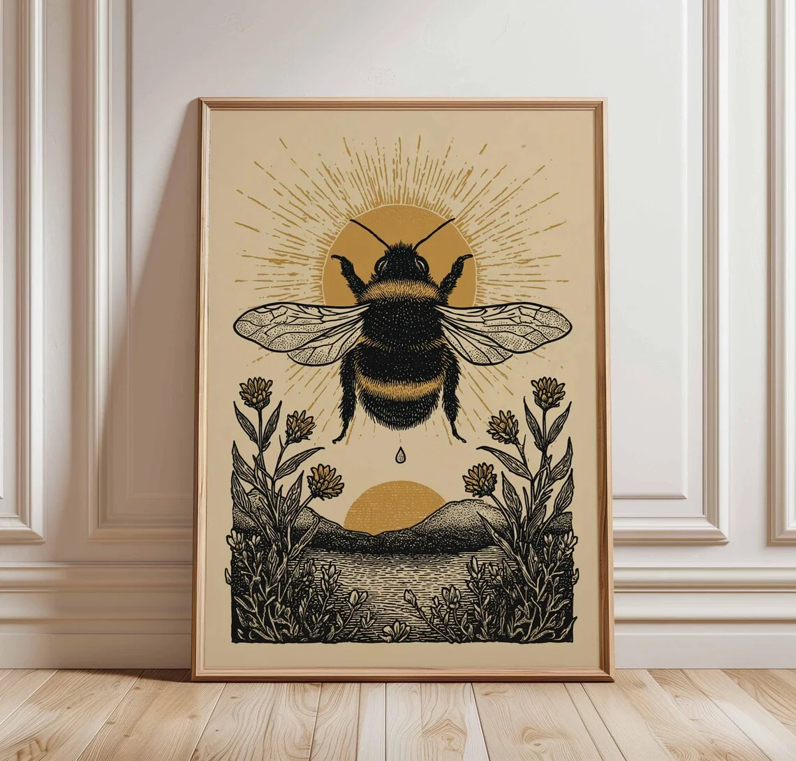 Celestial Bee Art Print, Vintage Poster, Cottagecore Decor, Honeybee Wall Art, Boho Home Decor, Rustic Botanical Print, Retro Na