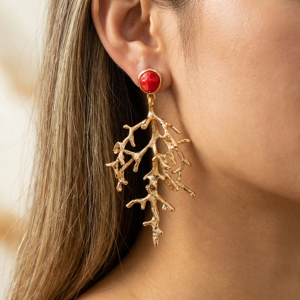 Boho Gold Color Coral Branch Earrings for Women Elegant 3D Textured Red Accents Dangle Earrings Summer Artistic Jewelry Gift
