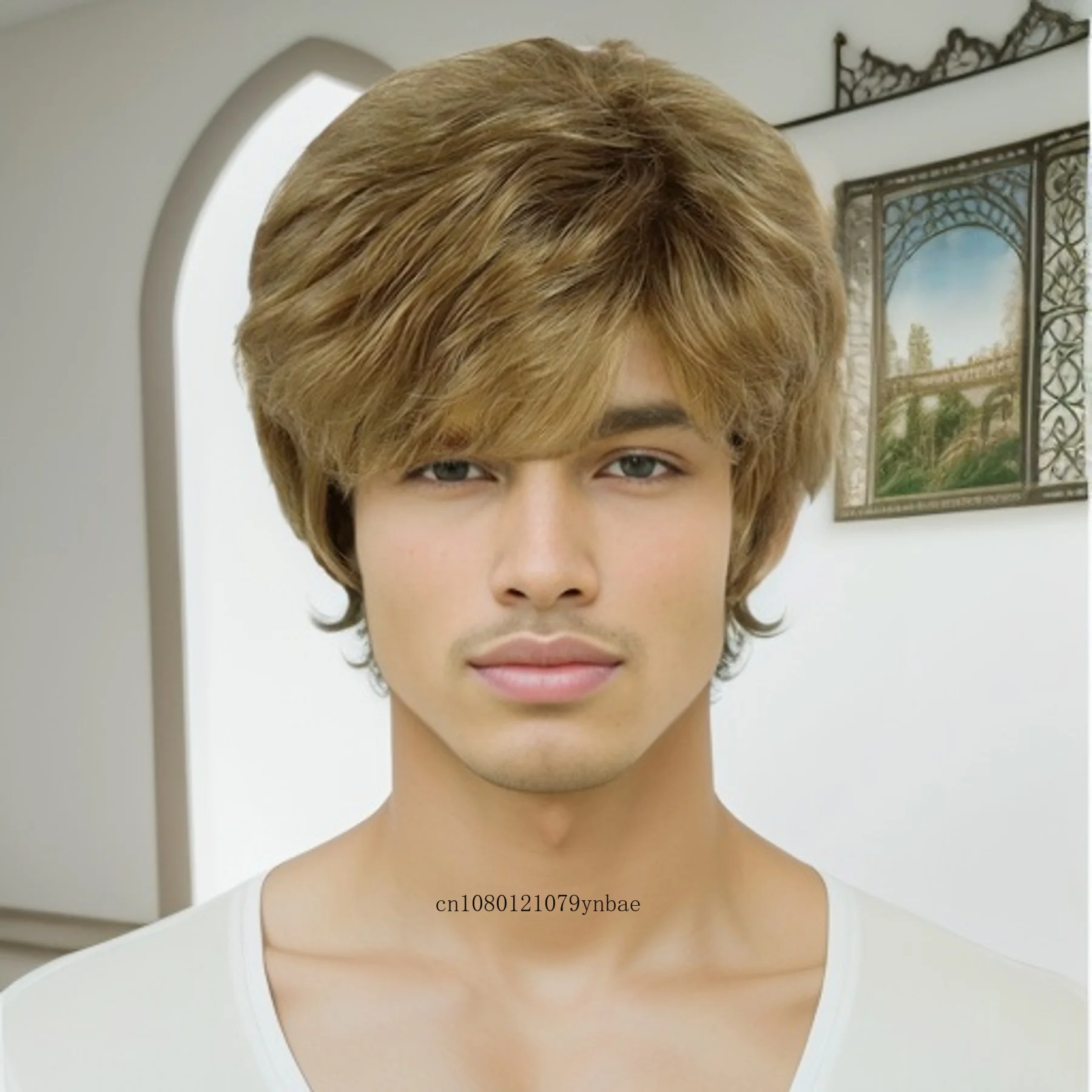 

Men's Synthetic Hair Wigs Short Curly Natural Brown Wig with Bangs for Male Guys Heat Resistant Halloween Daily Party Costume