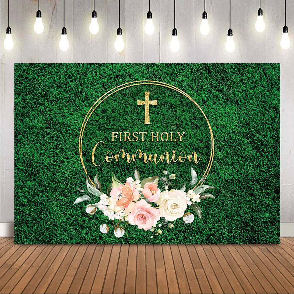 First Communion Party Background Decorations Jungle Green Grass Wall Pink Flowers Golden Cross Backdrop Baptism Photo Shoot Prop