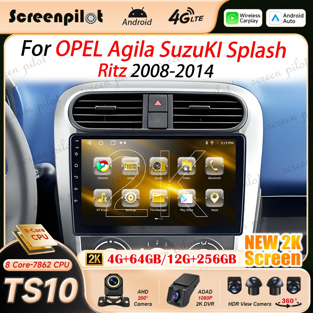 Android 16 Car Radio Stereo For SuzuKI Splash Ritz OPEL Agila 2008 2009 2010-2014 Multimidia Player GPS Carplay Android Auto RDS