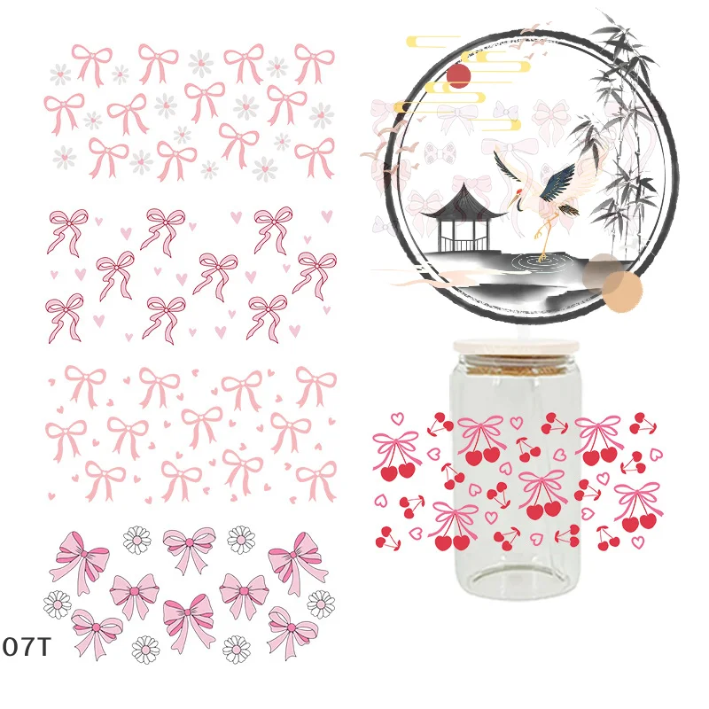 3D UV DTF Transfers Stickers 16oz Cup Wraps Cartoon Bow Printed For DIY Glass Ceramic Metal Leather