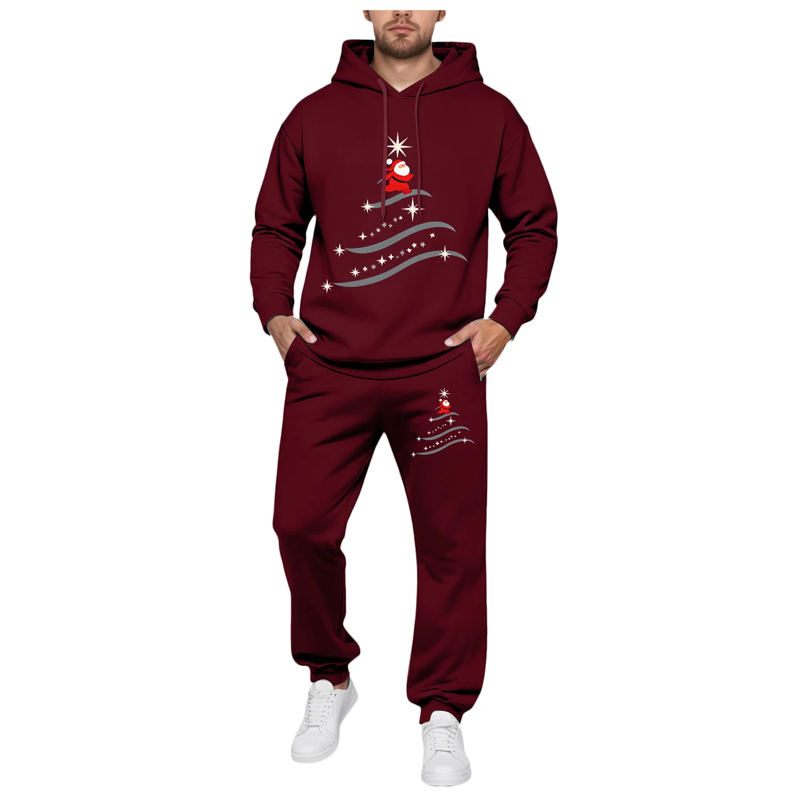 تان الرجال الدعاوى سليم صالح الرجال صوف مبطن مقنعين البلوز و بنطال رياضي مجموعة مع شجرة عيد الميلاد طباعة 3 قطعة جناح الرجال #6