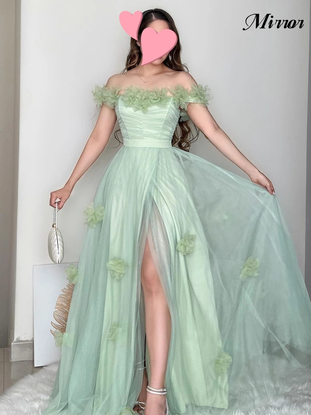 

Mirror Dress Elegant Vintage Sweet Green Flowers Boat Neck Ruffle Customize Formal Occasion Prom Dress Evening Party Gowns