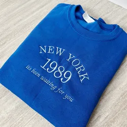 New York 1989 Letters Embroidered Unisex Sweatshirts Autumn Long Sleeve Loose Cotton Thick Fleece Warm Pullover Retro Tops