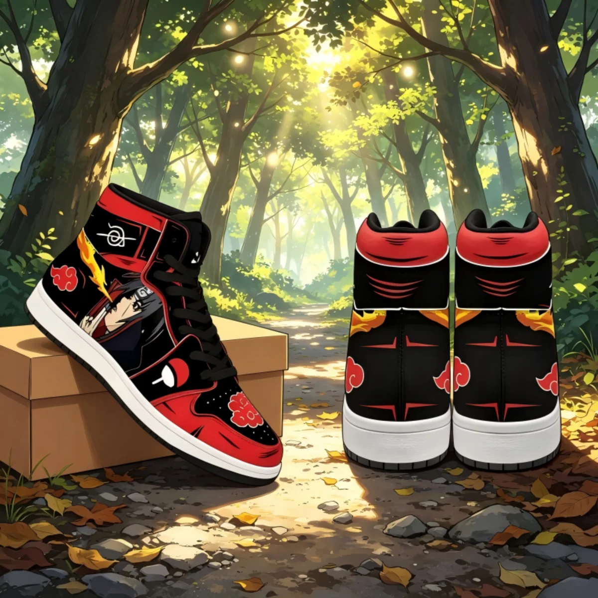 

Naruto Itachi Uchiha High Top Sneakers, Akatsuki Red Cloud Pattern Shoes, Dark Rogue Ninja Anime Footwear