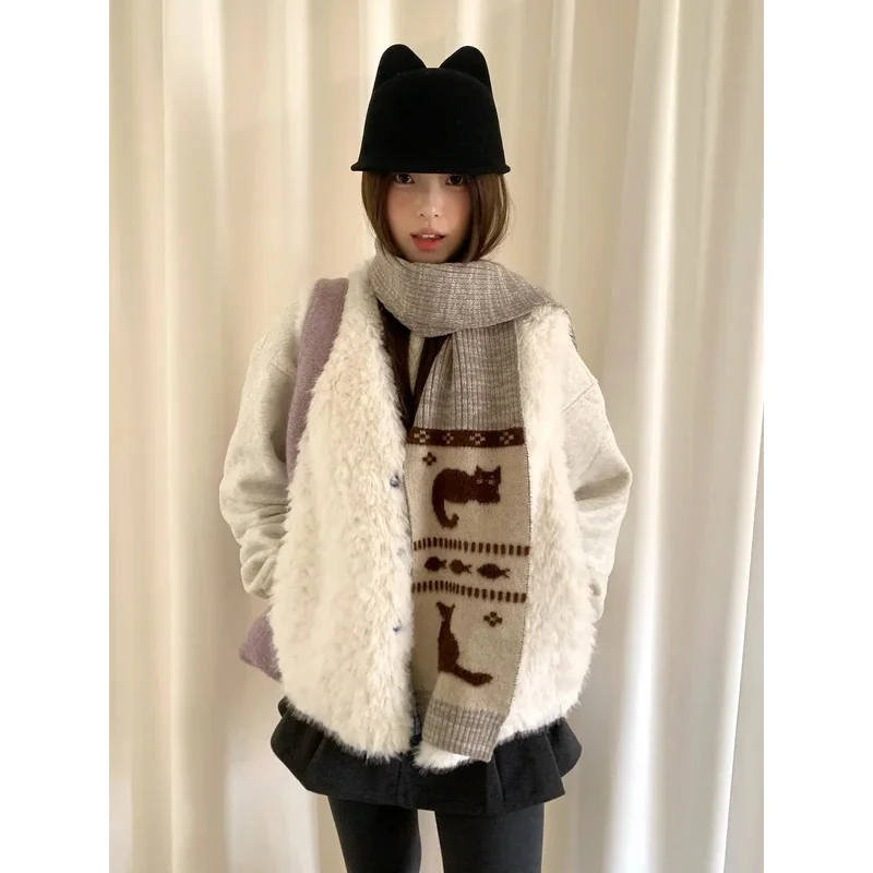 

Милый жаккардовый вязаный теплый шарф для женщин, зимний незаменимый ветрозащитный галстук для студентов и девочек