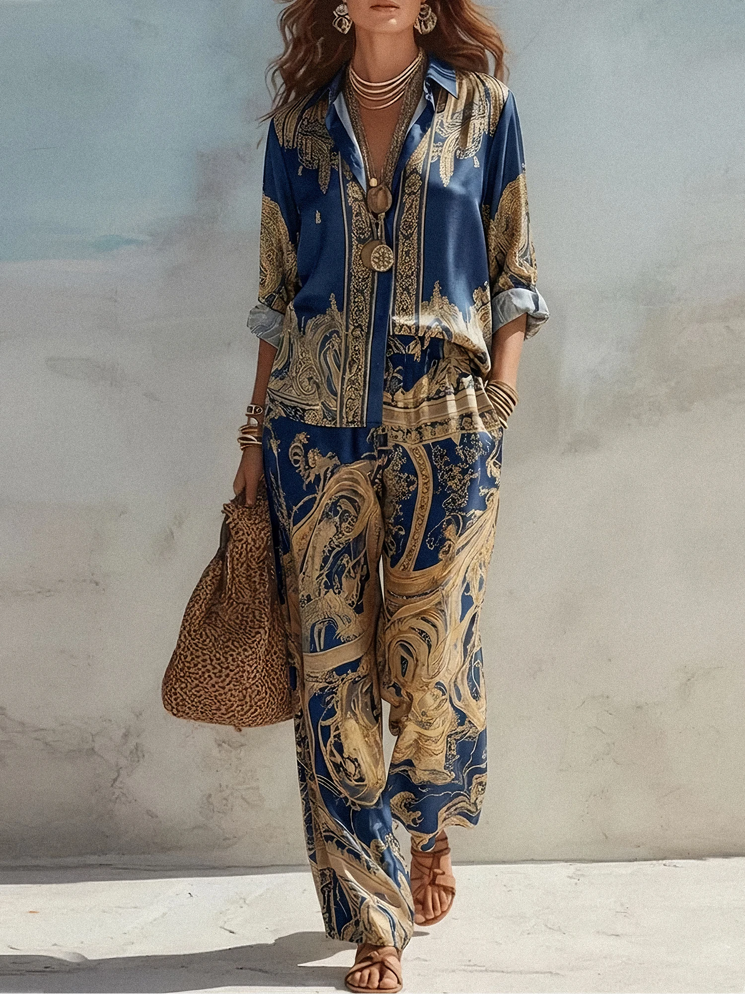 Luxury Blue Gold Paisley Baroque Print 2 Piece Matching Set Women Long Sleeve Loose Shirt Wide Leg Trousers Vacation Suit