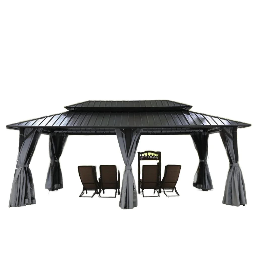 Outdoor Aluminum Frame Canopy & Gazebo Pergola with Double Metal Roof Hardtop Permanent Mosquito Net Outdoor Furniture Pavilionp