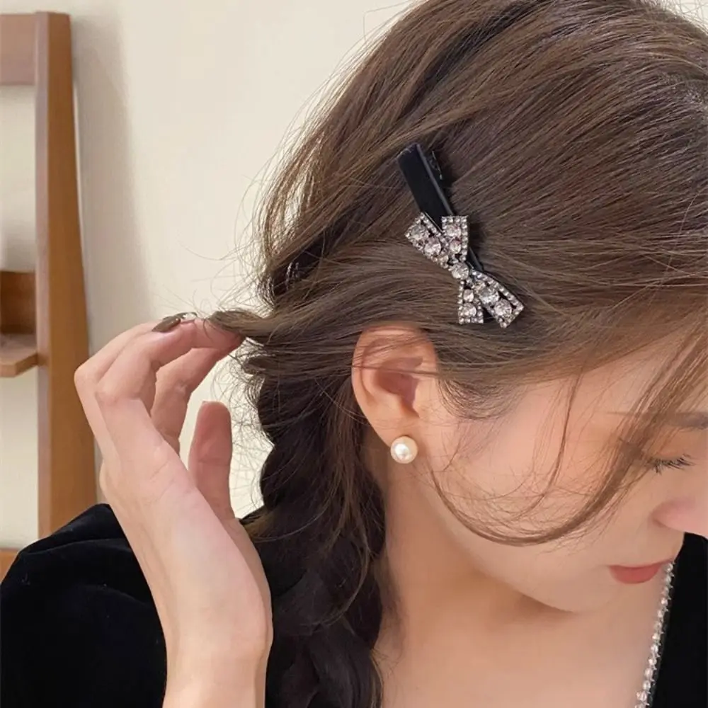 Retro Black Rhinestone Hair Clip Flower Hairpin Crystal Bow Hairpin Headdress Hair Accessories Pearl Barrettes Daily