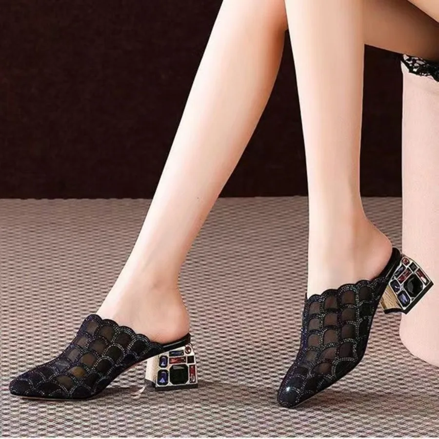 Women\'s Thick Heel Slippers Summer Fashion Mesh Soft Bottom Mules Rhinestone Sandals Designer Dress Sexy