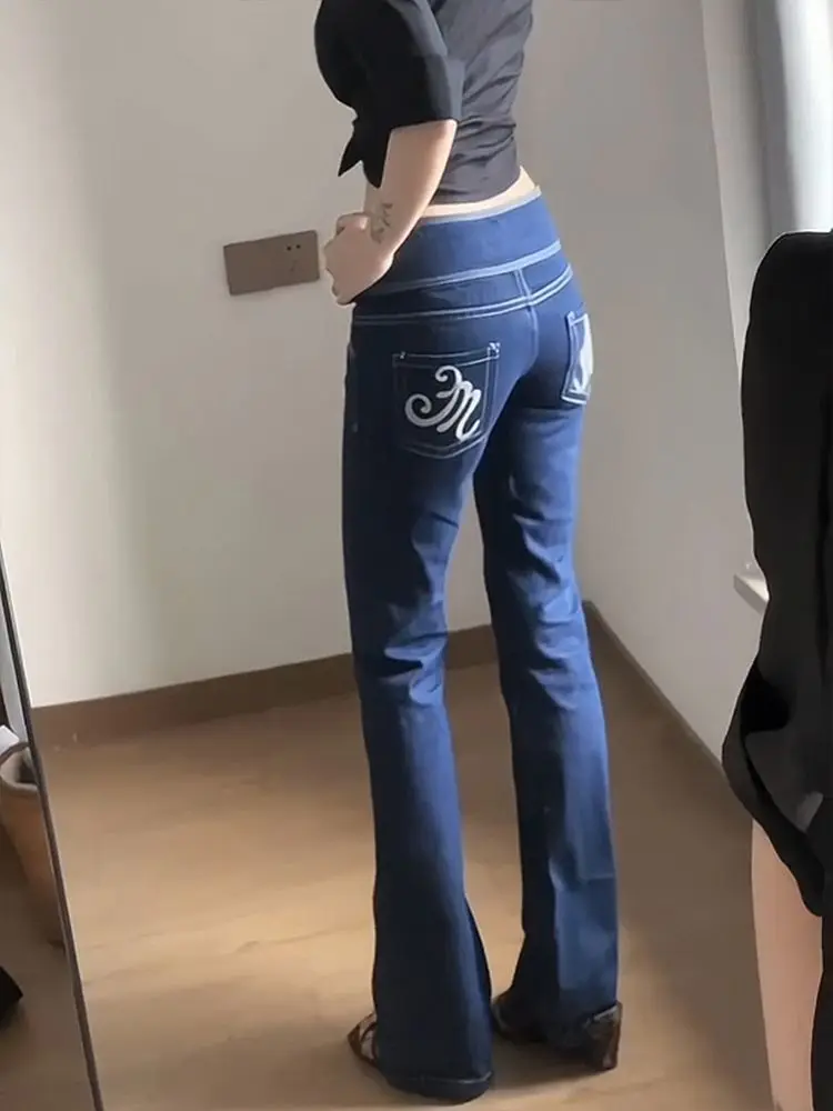 

Винтажные синие женские расклешенные джинсы в американском стиле ретро 2000-х годов, джинсовые брюки-карго в стиле Харадзюку, уличная одежда Y2k, брюки-клеш