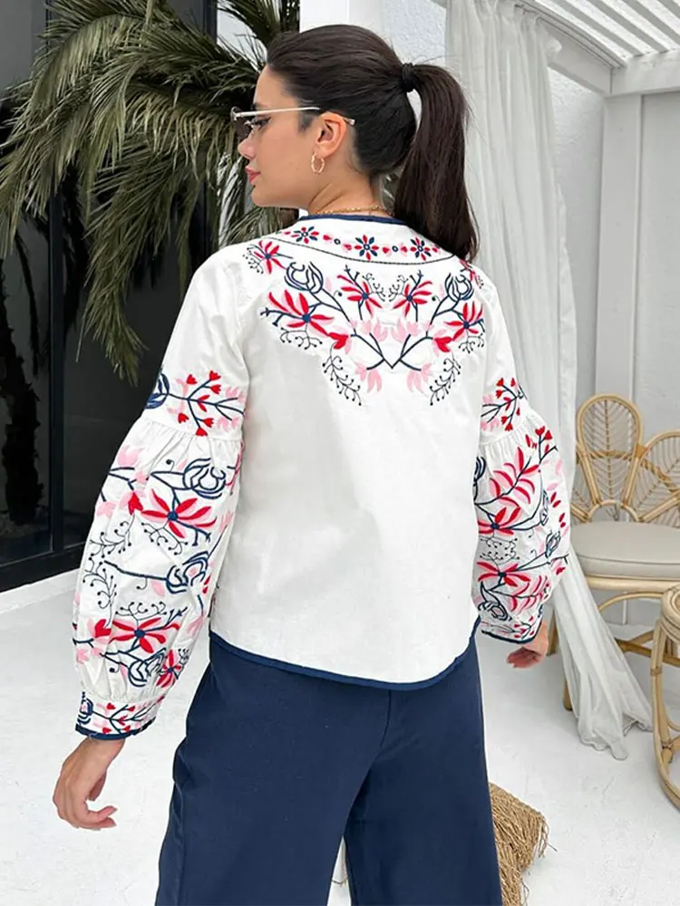 Women Fashion Vintage Printed Round Neck Cotton Jacket Elegant Puff Long Sleeves Cropped Coat 2024 Autumn Lady High Streetwear