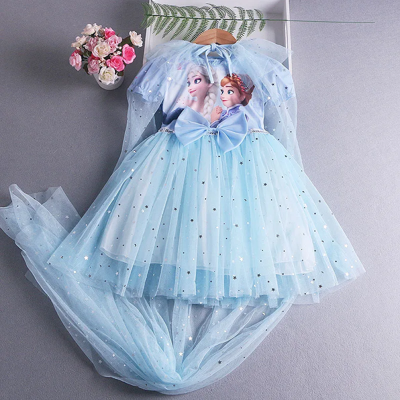 Disney Elsa Princess Dress with Cape Girls Dress Summer Kids Short Sleeve for Children\'s Western Style Frozen Party Costume 2-8Y