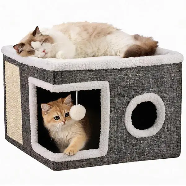 Foldable Cat House for Indoor Cats Large Pet Bed Cave with Scratching Pad Fluffy Ball Cozy Cat Condo Hideaway Reversible Cushion All Seasons Sleeping Nest for Multiple Kittens Small Pets Pet Furniture Easter Gift