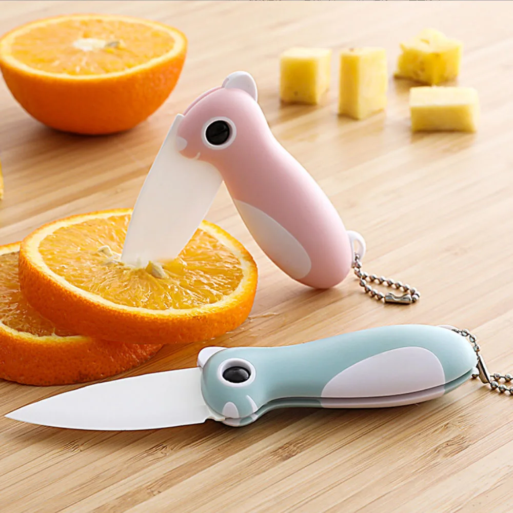 Cute Cartoon Ceramic Cutter Plastic Handle Folding Fruit Knife Kitchen Kids Auxiliary Knives Mini Portable Sharp Knife Peeler