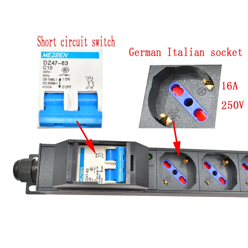 Aluminum alloy PDU power board 2-10 units 16A 3500W short circuit switch German Italian socket 2m power cord