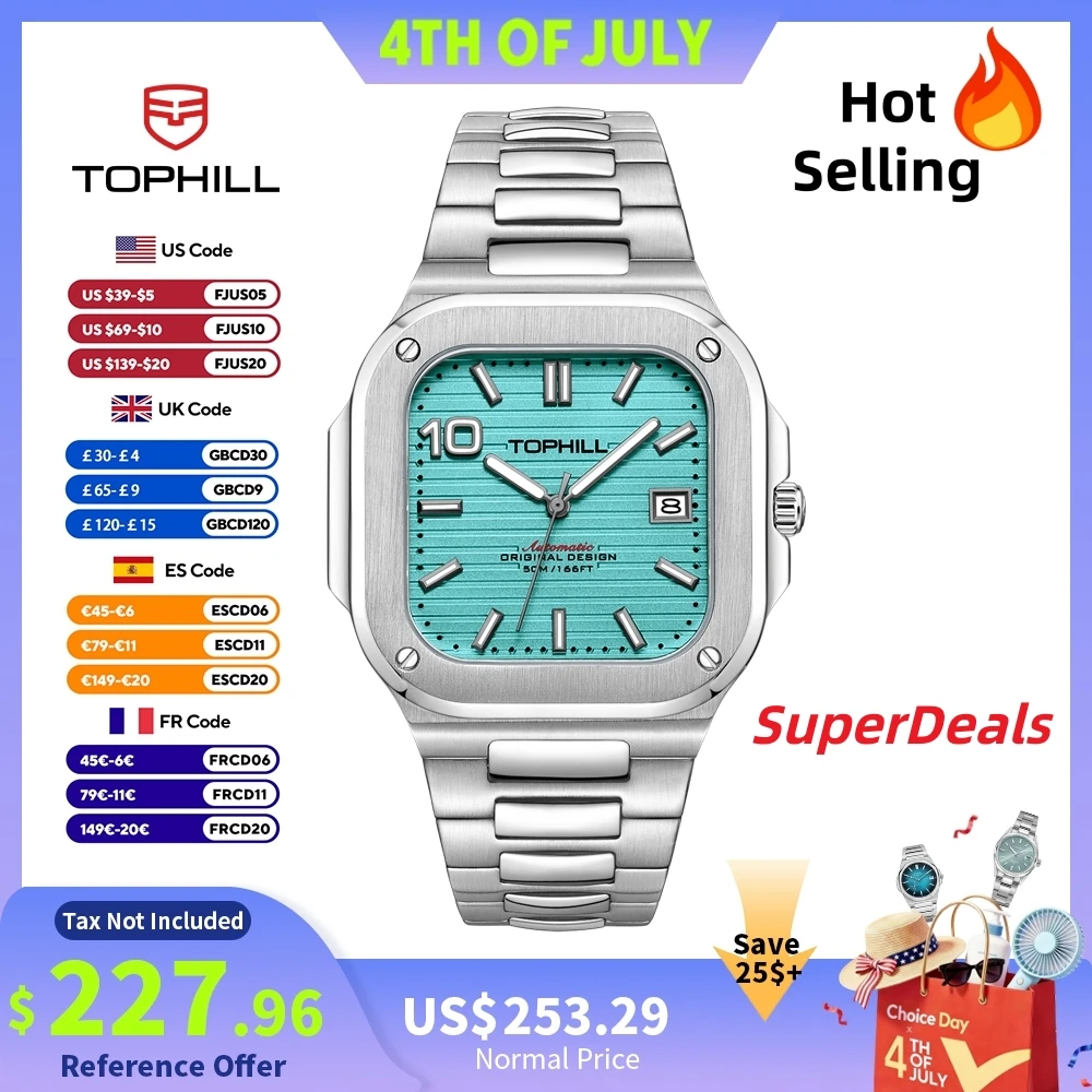 

TOPHILL 39mm 9019 Ultra Thin Square Case Men Automatic Watch Waterproof Mechanical 5Bar 3H Date DS-1 Super Luminous TW089G