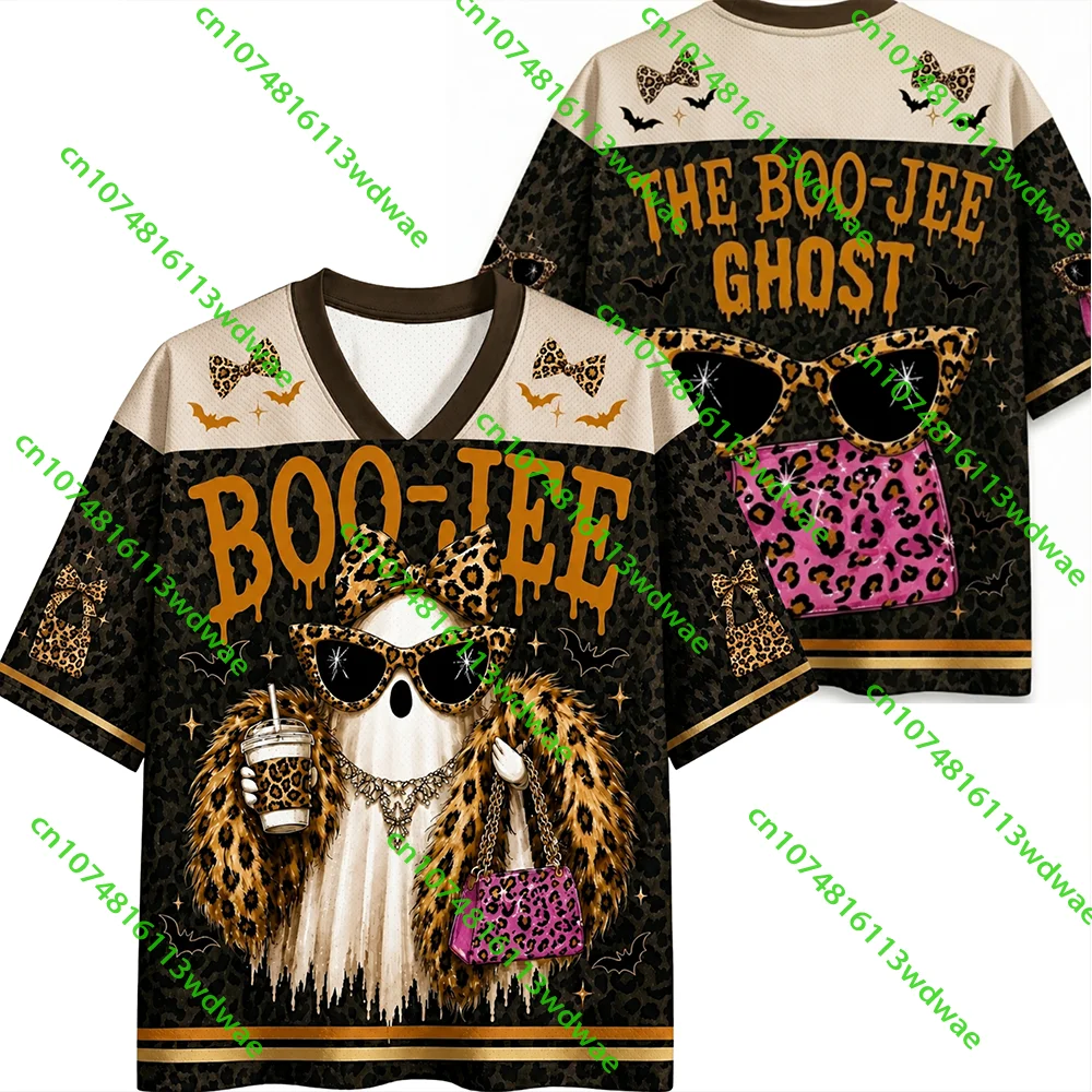 Boo Jee Leopard Print Mesh Jersey Halloween Preppy Glam Girls Halloween Ghost Pumpkin V Neck Quick Dry Short Sleeves T shirt