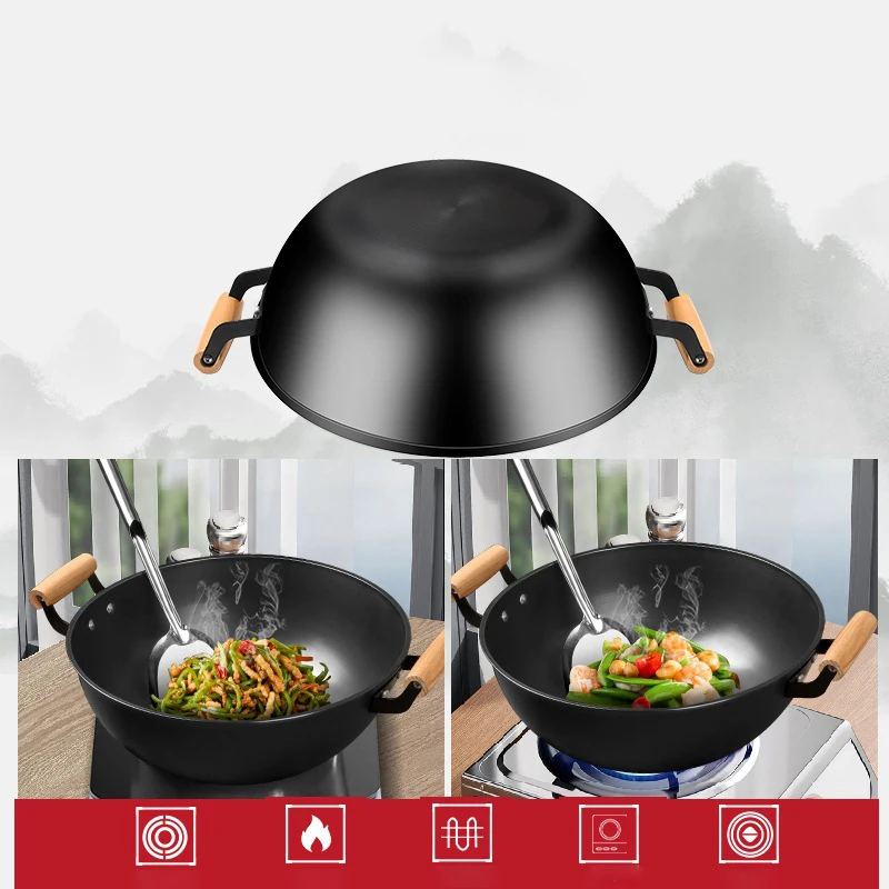 Cast Iron Pan with Double Ears and Wooden Handle for Home Use Uncoated Old Style Thickened Multi-purpose Pig Iron Pancake Pan