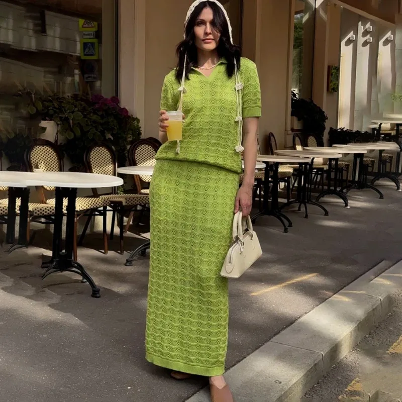 

Tuularose Women's Knit Skirt 2-piece Set Fashion Hollow Knit Pullover Top Loose Maxi Skirt Set Summer Casual Female Dress Sets