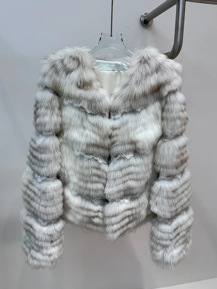 

2025 Winter Women's Natural Fox Fur Jacket Fur Strip Sewed Toghter Warm Thick Jacket Warm Coat