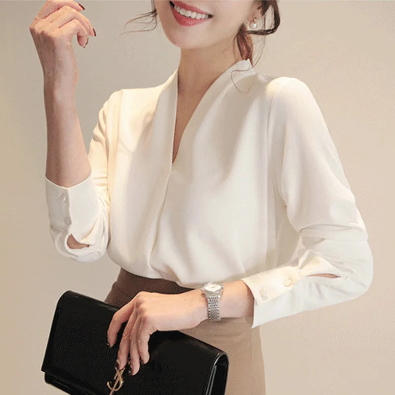 

Long Sleeve Shirt Women Spring Clothing Fashion Slim Chiffon Blouse V Neck Korean Elegant Ladies Office Shirts White 2024 QY271