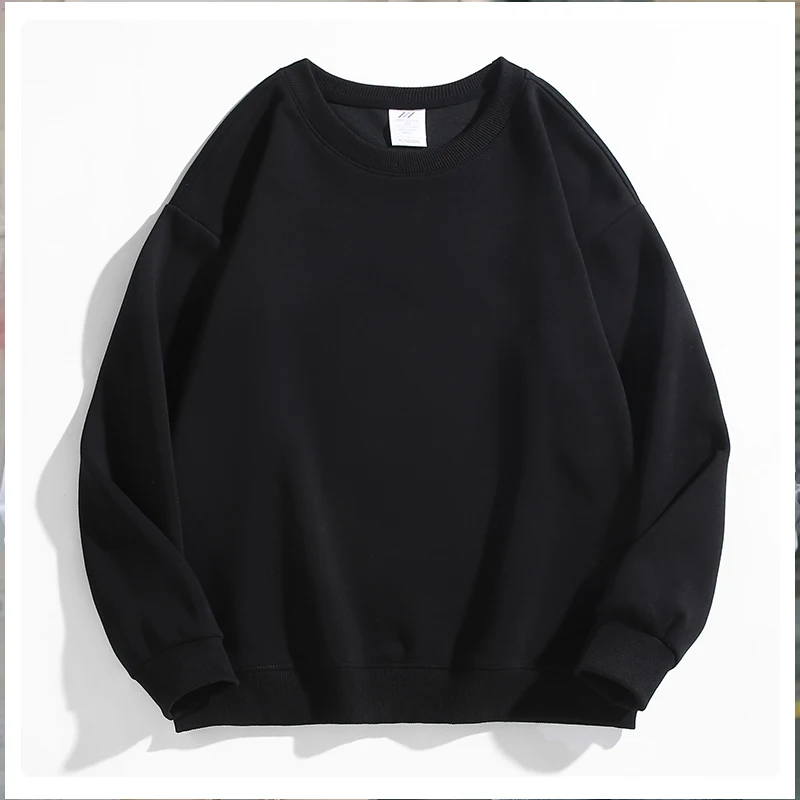 Camiseta Masculina de Algodão 65% para Primavera/Outono, Gola Redonda, Manga Longa, Tamanho Grande, Cor Sólida, Estilo Pulôver
