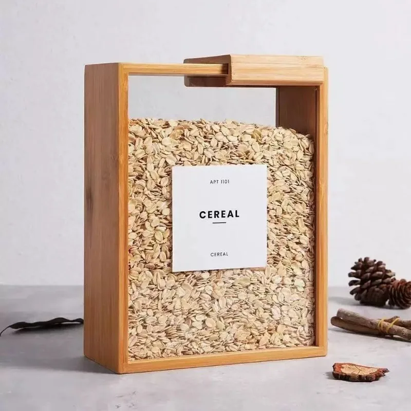 

New Household Kitchen Bamboo And Wood Sliding Grain Storage Box Wooden Food Storage Box Dispenser