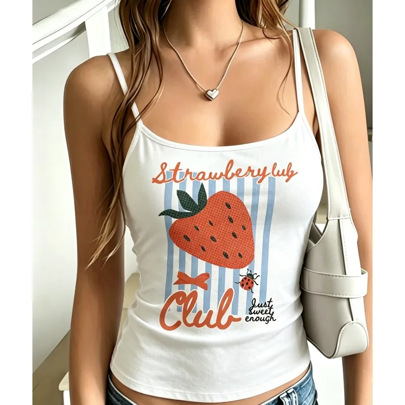 Women Spaghetti Strap Camisole Strawberry Ladybug Striped Graphic Tank Top Cute Y2K Fruit Print Summer Daily Casual Cami Tops