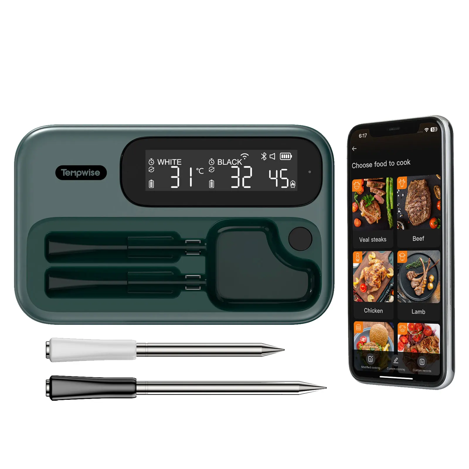 TNT-2BW Wireless Meat Thermometer Wifi Bluetooth Dual Mode Kitchen Food Cooking Thermometer with Long and Short Probes