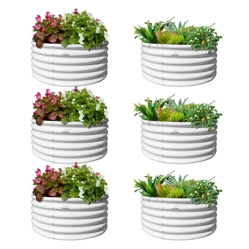 Set van 6: 48"x48"x18" ronde metalen verhoogde tuinbedden - witte duurzame plantenbakken voor groenten en bloemen, eenvoudig te monteren