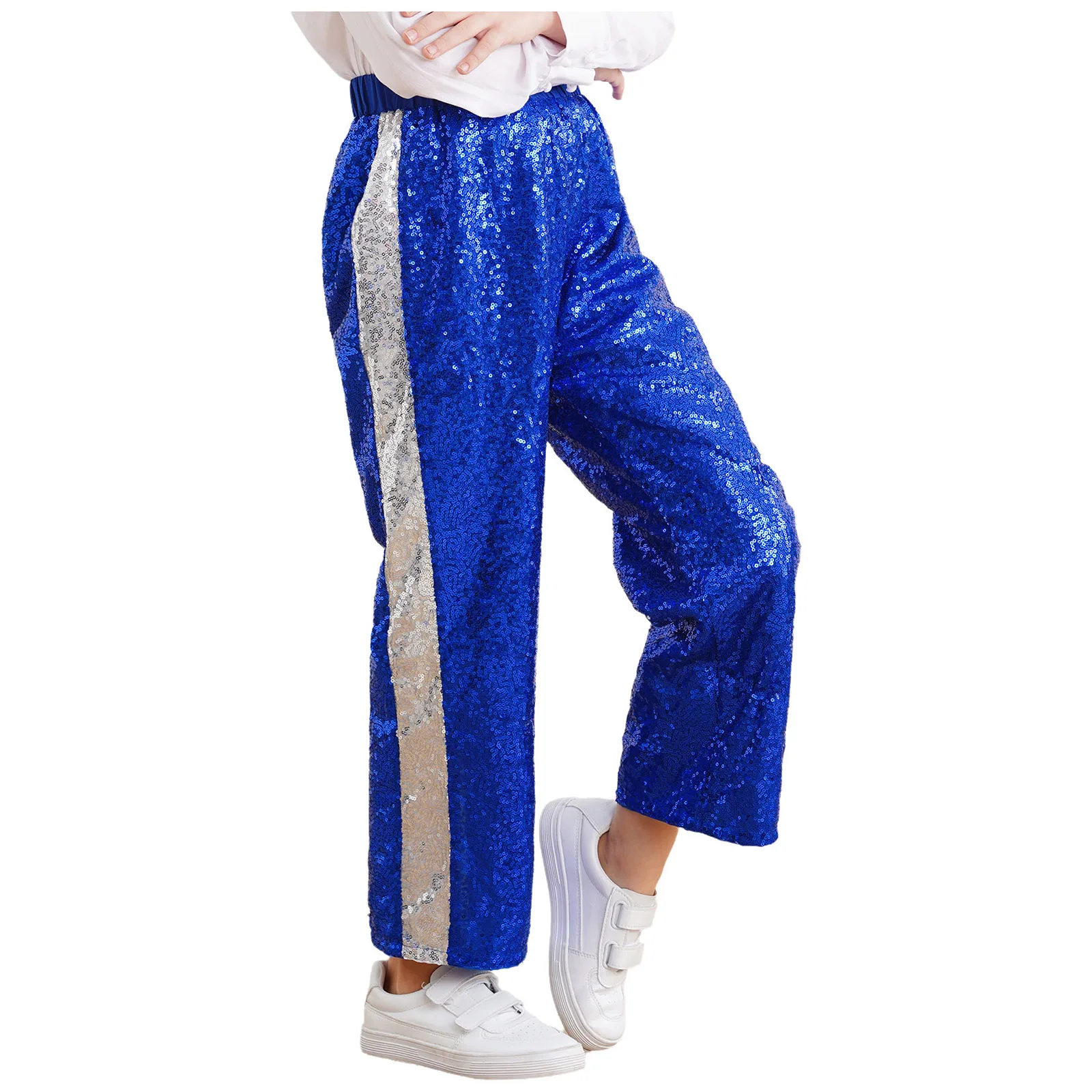 Unisex Kids Girls Boys Sparkly Sequins Pants Color Block Straight-Leg Trousers for Hip Hop Jazz Dance Stage Performance