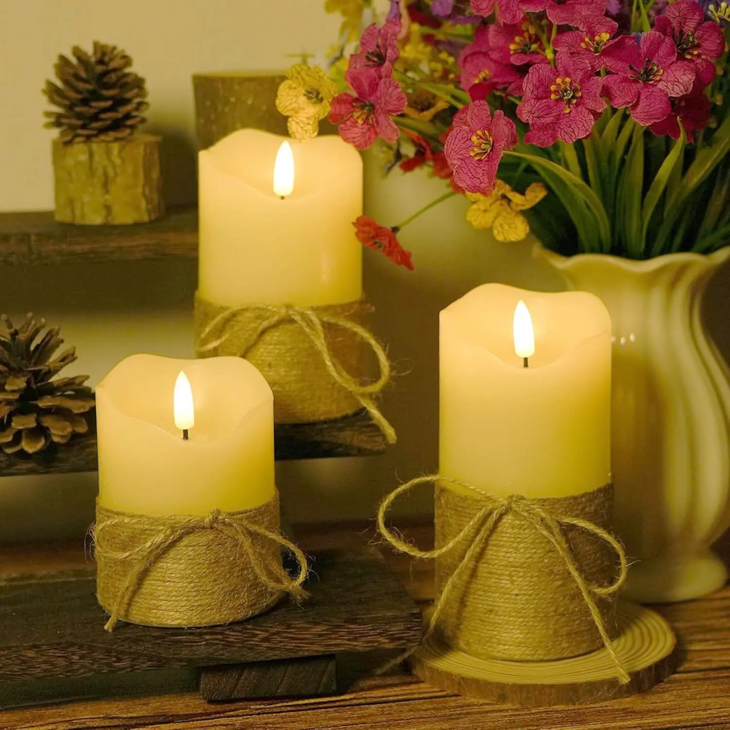 3Pcs LED Flameless Pillar Candles for Home Wedding Party Decor Realistic 3D flicker hemp rope LED candles with Remote Control