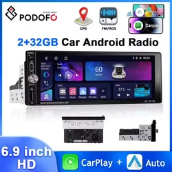 Podofo 1Din 6.9'' Car Radio 2+32G 4Core Multimedia Player GPS Navigation WIFI Carplay Android Auto FM/RDS Mirror Link Car Audio