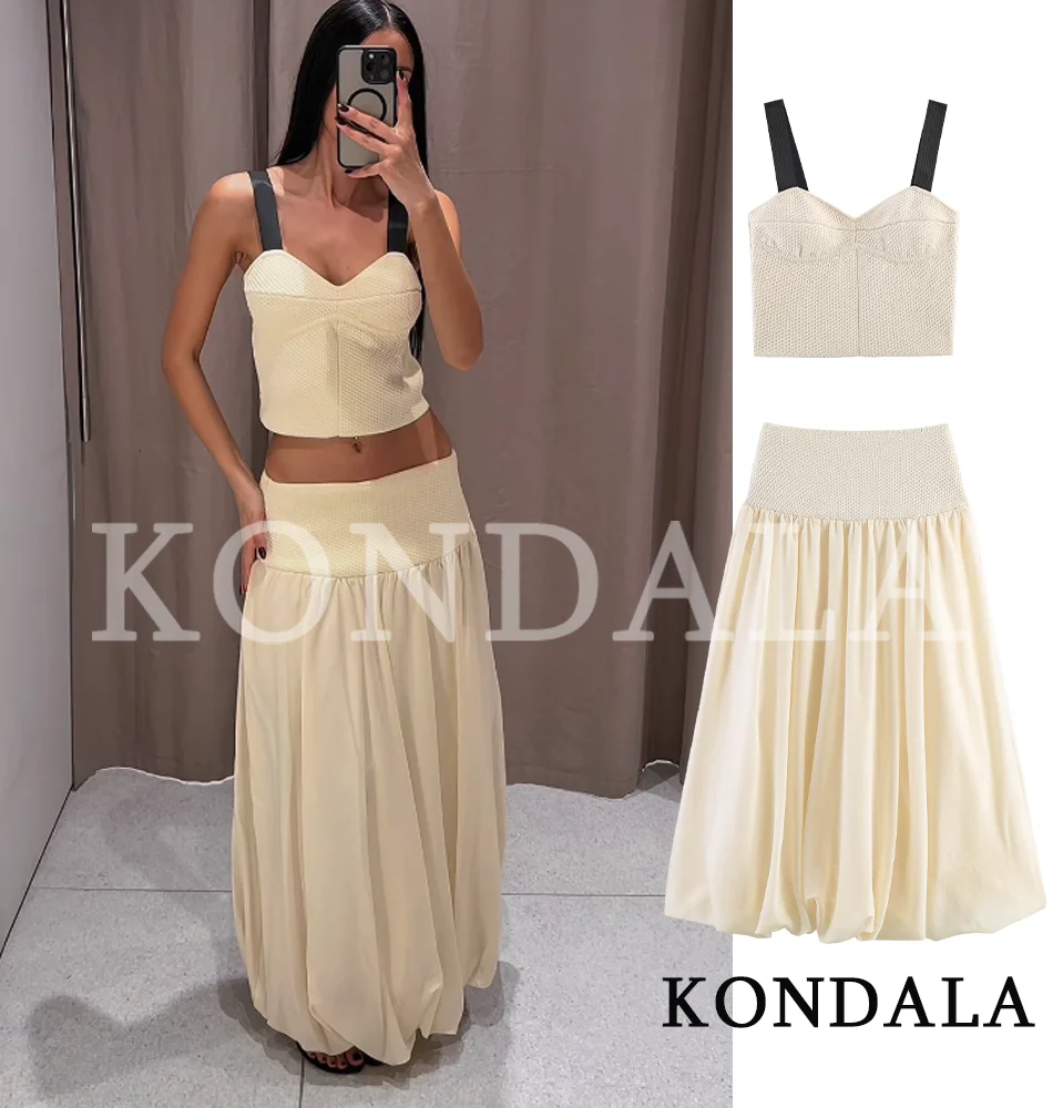 

KONDALA Casual Chic Knitted Skirt Set Woman Simple Elegant Camisole, Splicing Balloon Skirt 2026 Spring Sumemr Lady Holidays Set