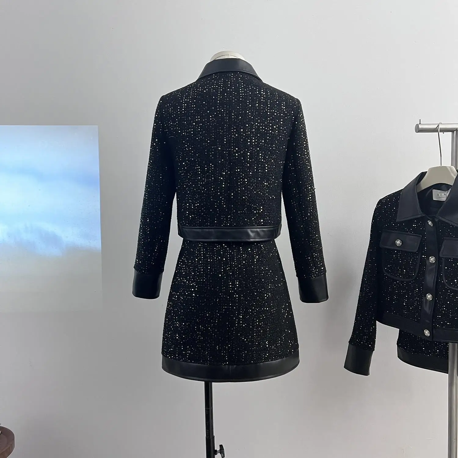 2023 Autumn 2 Pieces Set Elegant Fashion Vintage Shiny Tweed Long Sleeve Jackets Coat+High Waist A-Line Mini Skirts Femame Suits