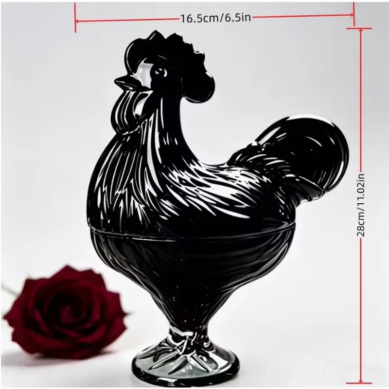 Black Glass Rooster Candy Dish Decorative Kitchen Storage Tray for Nuts Coffee Beans Countertop Organizer Home Decor Gift