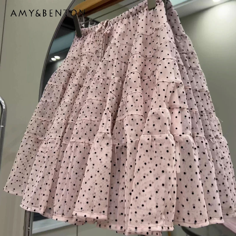 

French Sweet Polka Dot Design Women's Skirt 2026 Spring New High Waist Ruffle Splicing A-line Versatile Umbrella Skirts Ladies