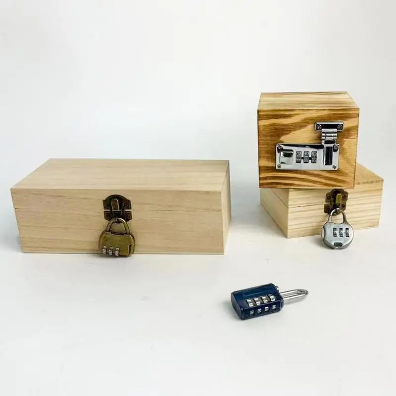 【S】Key Safe Box Cash Box Bank With Secure Lock Pine Wood Jewelry Treasure Chest Unpainted Wood Small Wooden Box