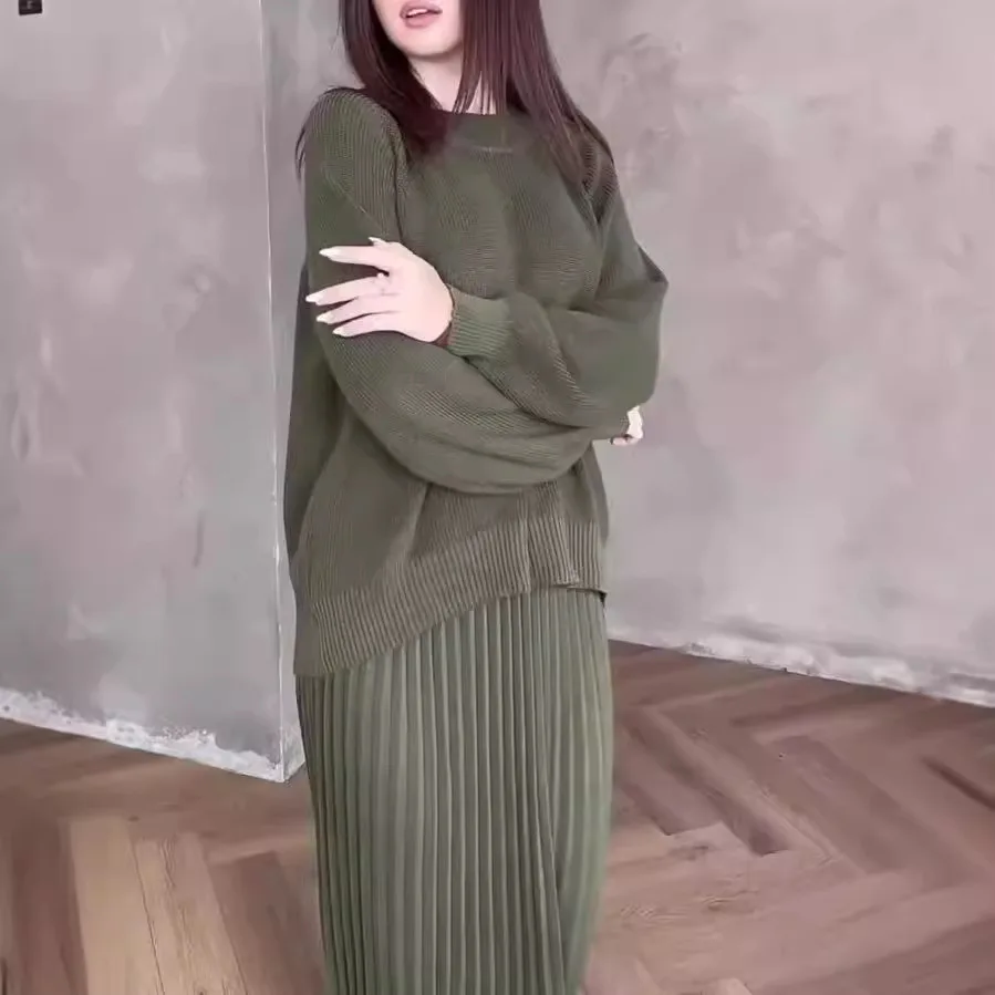 

Loose Knitted Sweater Top And f Skirt Two-Piece Set Autumn Winter Lazy Sle Faionable Women's Ensemble Long Sve roun...