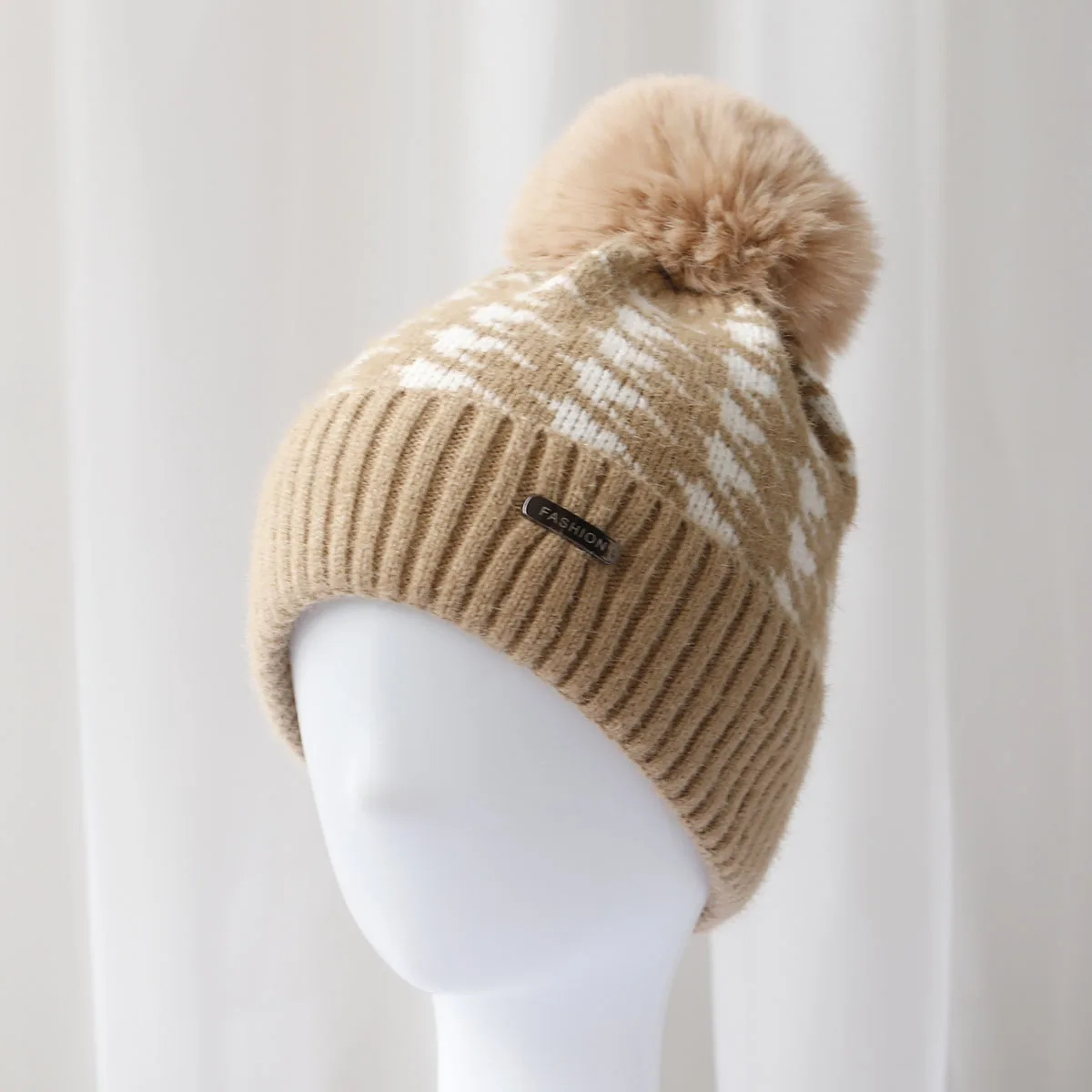 new Winter stripe Knitting Hat For Women Fur Pompom Thick Plush Cap Beanie Solid Color Ladies Warm Ski Snow Skullies Beanies