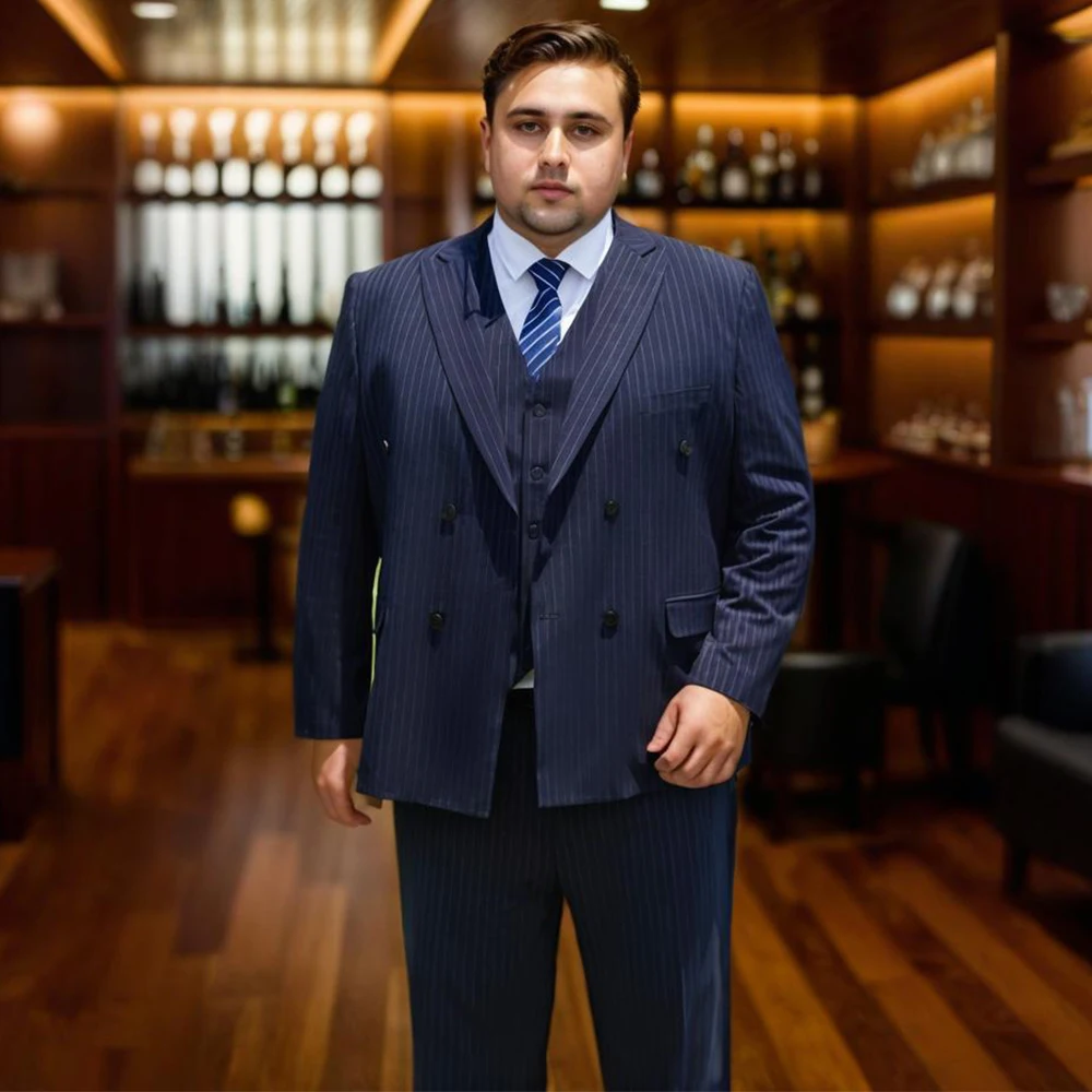 

Big and Tall Mens Suits 3 Piece Set Elegant Striped Business Casual Plus Size Blazer Vest Pants Suit Set for Wedding Customed