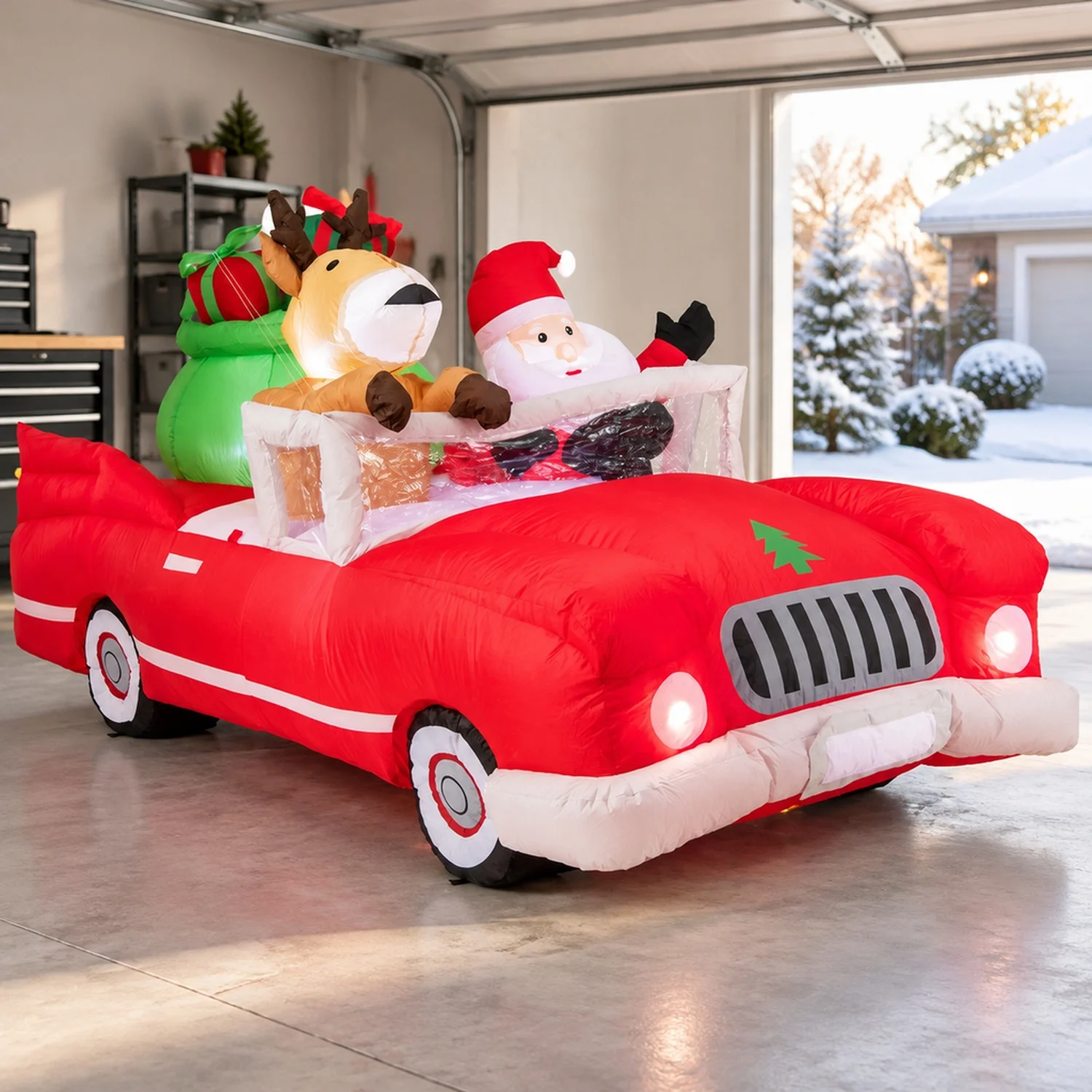7.7 Feet Long Christmas Inflatable Santa Claus and Reindeer Riding Red Car with Gift Bag 9 LED White Lights