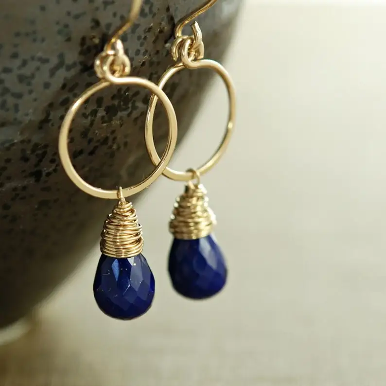 Lapis Lazuli Gold Hoop Earrings, September Birthstone Navy Blue Gemstone Dangle Earrings, Handmade Earrings, aubepine